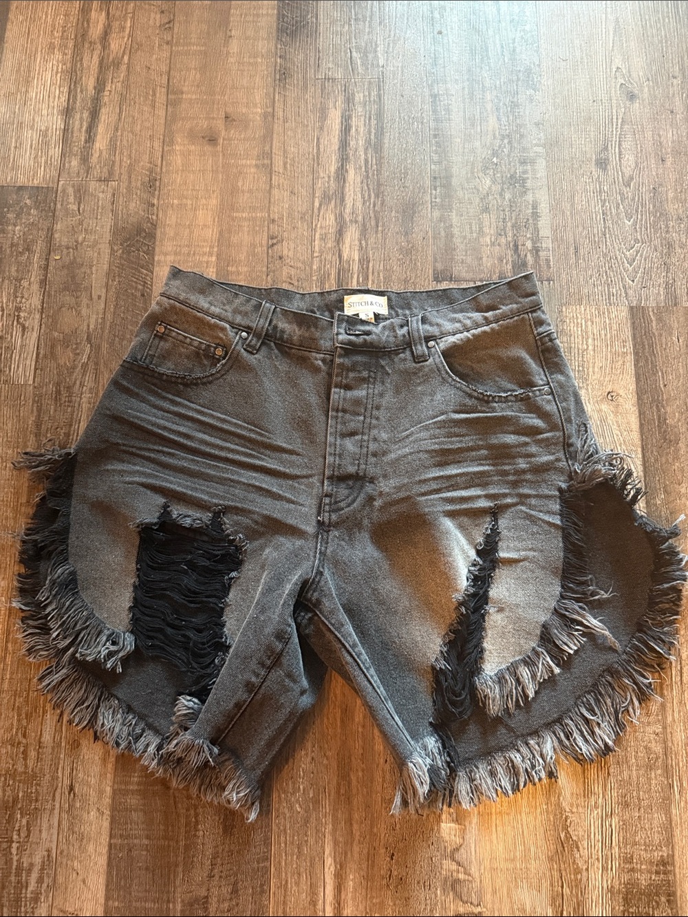 STITCH & CO Distressed Black Denim Shorts